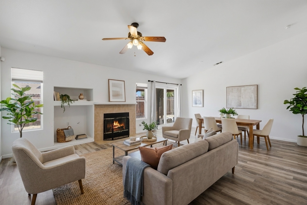 Great room, virtually staged